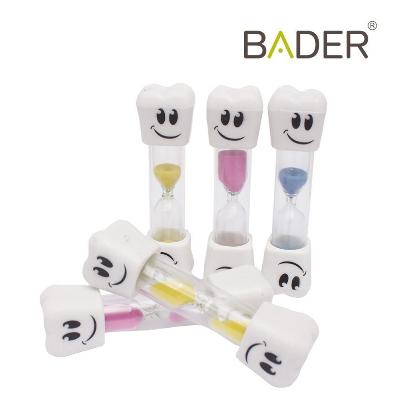 Colorful molar-shaped hourglass pack for pediatric dental timing